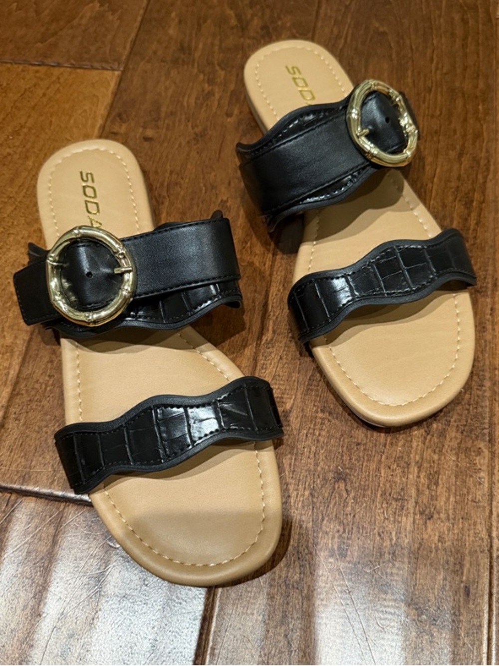 Soda Black Slide Sandals with Gold Buckle Accent